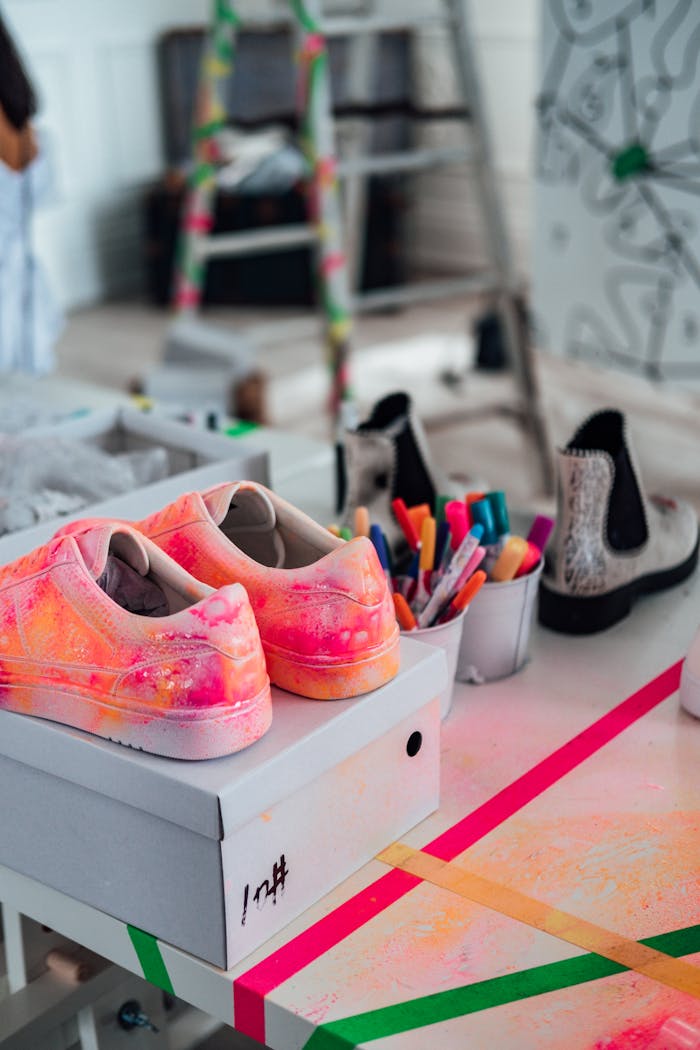 Brightly painted sneakers on art studio workbench with materials.